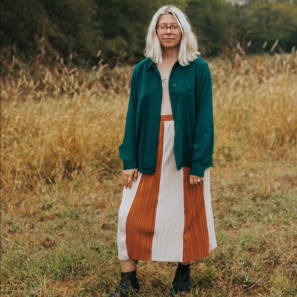 Burnt Orange Striped Silky Pleated Midi Skirt - Picture 3 of 3